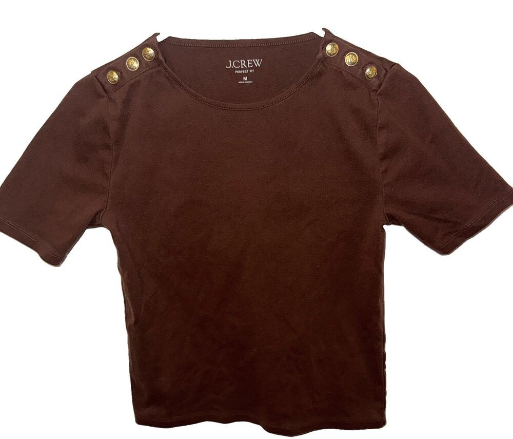 J.CREW Perfect Fit Brown Cotton Knit Crew Neck Button Shoulder Tee Size M